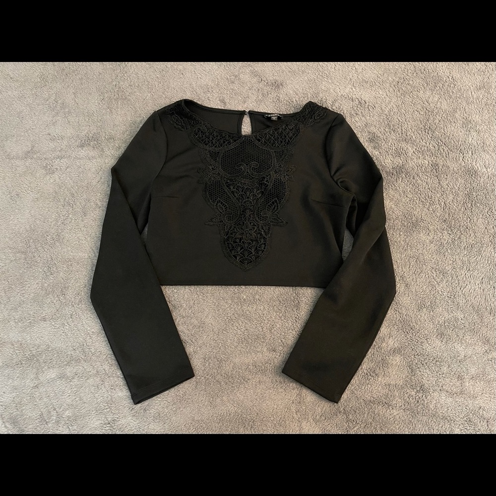 Express Black Long Sleeve Lace Crop Top
